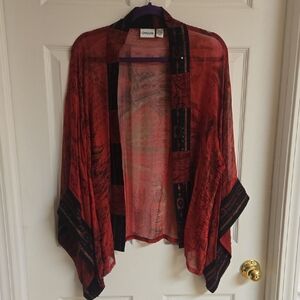 Chico's Silk Vibrant Red Sheer Kimono with Black And Beaded Accents